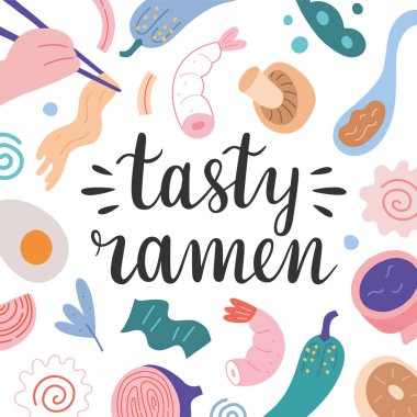 Lezzetli ramen menü kapağı kapağı şablonu, vektör arkaplan, harf logosu ve elle çizilmiş erişte çorbası, yemek çubukları ve malzeme, cafe için modaya uygun düz sanat, restoran