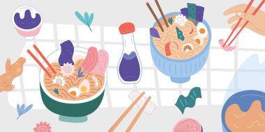 Ramen kaseleri masada servis edilir, ahşap bir masada geleneksel Japon yemeklerinin en üst görüntüsü, vektör illüstrasyonu, çubuklu lezzetli şehriye çorbası ve soya sosu.,