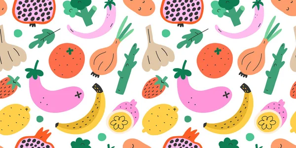 Meyve ve sebze, dikişsiz desen, el çizimi renkli sebzeler. Vektör dokusu. Son moda biber, muz, nar ve brokoli çizimleri. Vejetaryen sağlıklı yiyecekler