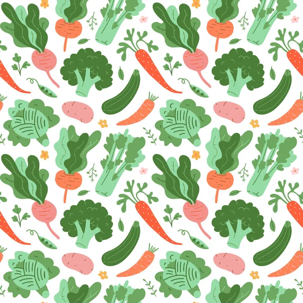 Zöldségminta, firka zöldségek, kézzel rajzolt illusztrációk répáról, brokkoliról, céklagyökérről és káposztáról. Lapos trendi rajzfilm stílus, vektor textúra, növényi háttér konyhai textil — Stock Vector