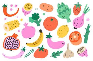Sebze ve meyve demeti, şirin karalama gıda illüstrasyonları, izole vektör sanatı, brokoli, nar, muz ve biber karikatürleri. Sağlıklı beslenme