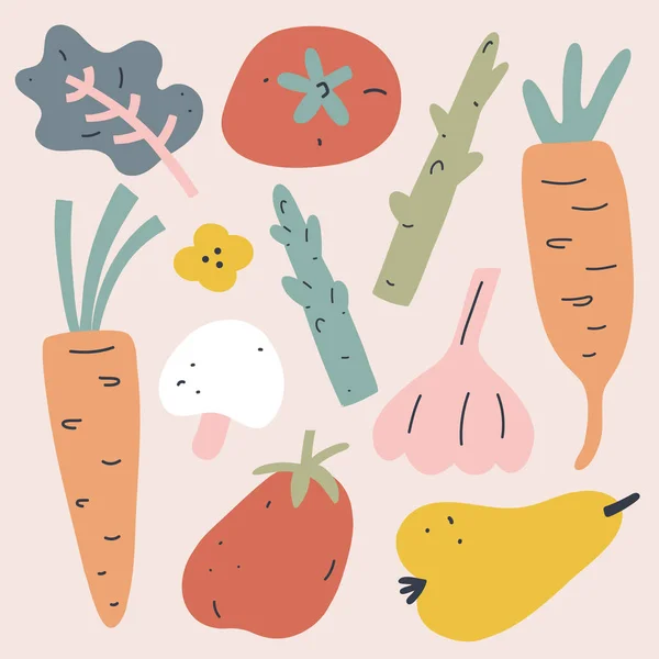 Collection de légumes, ensemble d'illustrations vectorielles de légumes et de fruits, couleurs terreuses à la mode, art plat dessiné à la main, dessin moderne simple — Image vectorielle