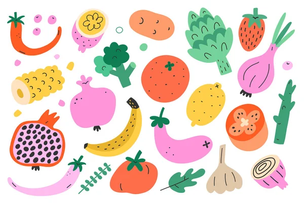 Feixe de legumes e frutas, coleção de ilustração de comida doodle bonito, arte vetorial isolada, desenho animado da moda de brócolis, romã, banana e pimenta. Alimentação saudável e saudável —  Vetores de Stock