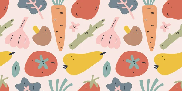 Motif fruits et légumes, fond vectoriel sans couture, tomate, poire et carotte à l'ail. Trendy art plat dessiné à la main dans des couleurs terreuses, ornement pour textile de cuisine , — Image vectorielle