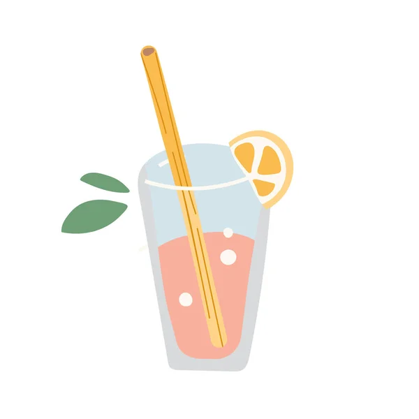 Summer lemonade cocktail with natural bamboo straw, simple modern hand drawn illustration, isolated vector icon — Stock Vector