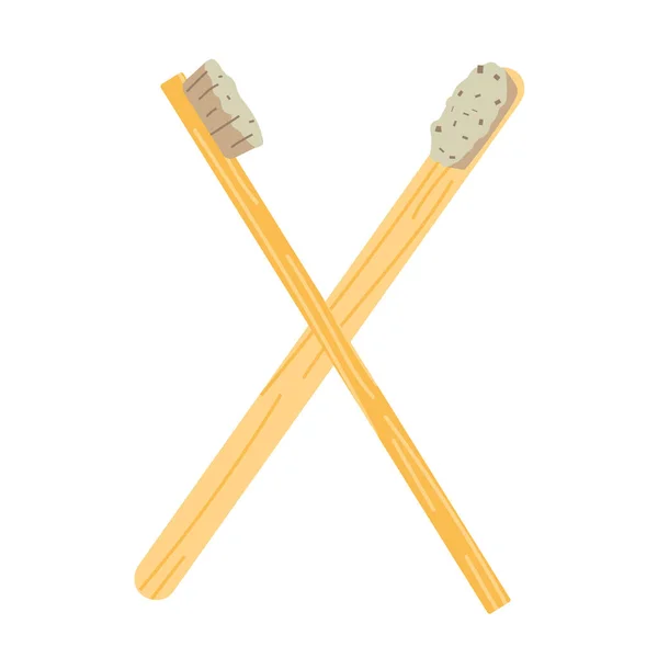 Cepillos de dientes de bambú, sustituto natural del cepillo de dientes de plástico, herramienta de cuidado dental, estilo de vida de cero residuos e icono plano dibujado, vector aislado — Archivo Imágenes Vectoriales