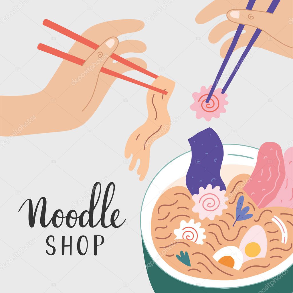 Noodle shop banner for ramen cafe, vector illustration with ramen bowl noodle soup, narutomaki and other ingredients, people eating asian food with chopsticks