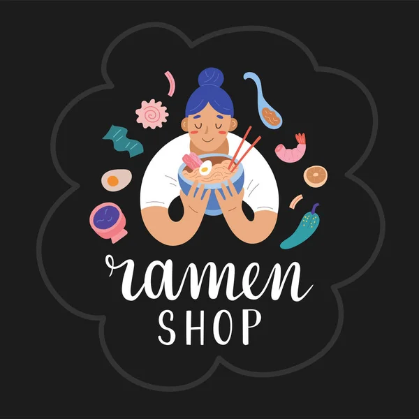 Frau isst Ramen-Nudeln, hält eine Schüssel voll asiatischer Nudelsuppe, Banner-Vorlage mit Schriftzug für Ramen-Geschäft, handgezeichnete flache Cartoon-Illustration — Stockvektor