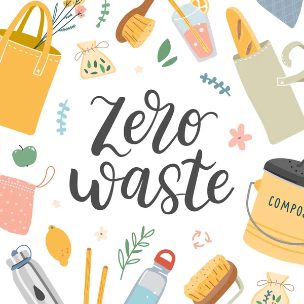 Zero Waste Banner mit Schriftzügen und Illustrationen nachhaltiger Produkte und Werkzeuge. Mehrwegtaschen und Flaschen, Typografiekarte, Konzept eines umweltfreundlichen Lebensstils — Stockvektor