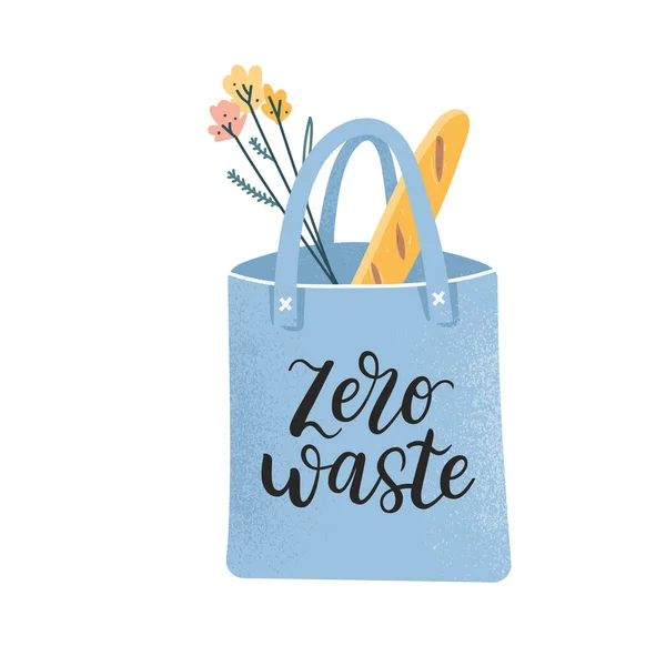 Vratná taška s nápisem logo a ilustrací potravin, ekologicky volně nulový životní styl odpadu, nákupní taška z textilní bavlny pro nákup potravin, plastový ekologický sáček izolovaný na bílém — Stockový vektor
