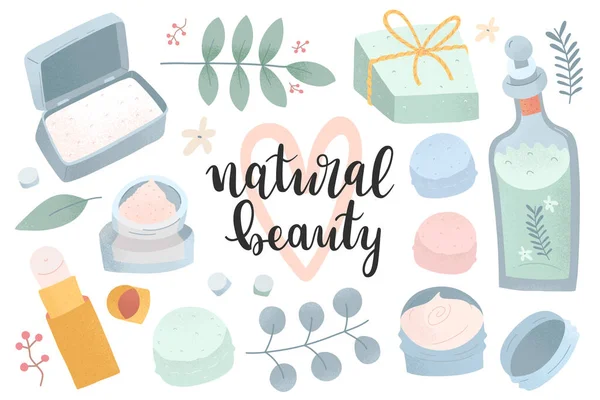 Collection de cosmétiques naturels, produits de beauté durables, soins de la peau bio faits à la main, ensemble d'illustrations vectorielles isolées de l'aube, crème, lotion et savon, eau de rose — Image vectorielle