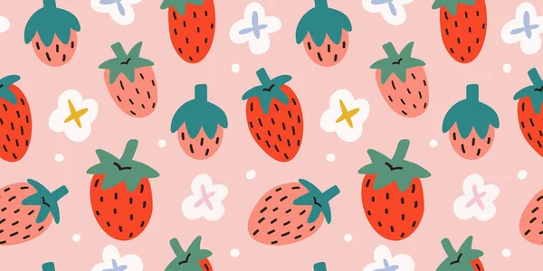 Клубничный узор, красочный бесшовный векторный узор с милыми ручными летними ягодами, сезонный десерт, розовые и красные фрукты, хорошо, как тканевая печать, цветные иллюстрации мультфильма — стоковый вектор