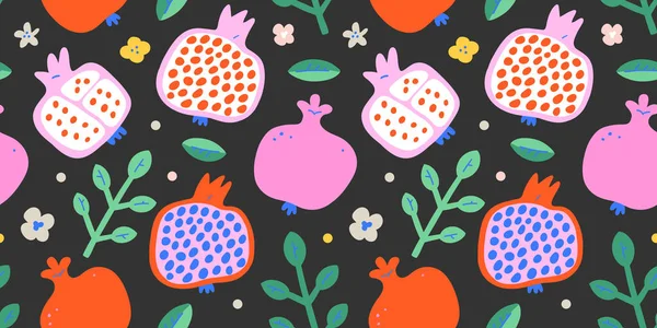 Fr-vg-PatternsGranatapfelfruchtmuster, rote saftige Hälften mit Blättern und Samen, buntes Doodle moderne Kunst, handgezeichnete Vektorillustration, nahtloser Vektorhintergrund für den Sommer, gut als Druck für — Stockvektor