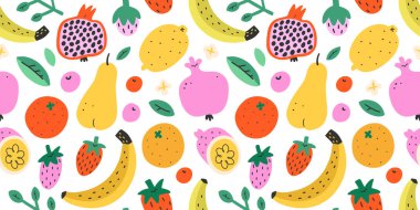 Yaz meyveleri, tatlı karikatürler, taze tropikal meyve karışımı, renkli arka plan, kusursuz vektör süsü, muz, nar ve çilek, tatlı yemek dokusu, modaya uygun düz çizgi film 