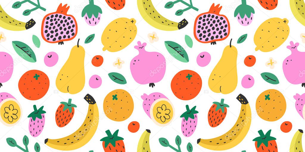 Summer fruit pattern, cute cartoon doodles, fresh tropical fruit mix, colorful background, seamless vector ornament, banana, pomegranate and strawberry, sweet food texture, trendy flat cartoon 