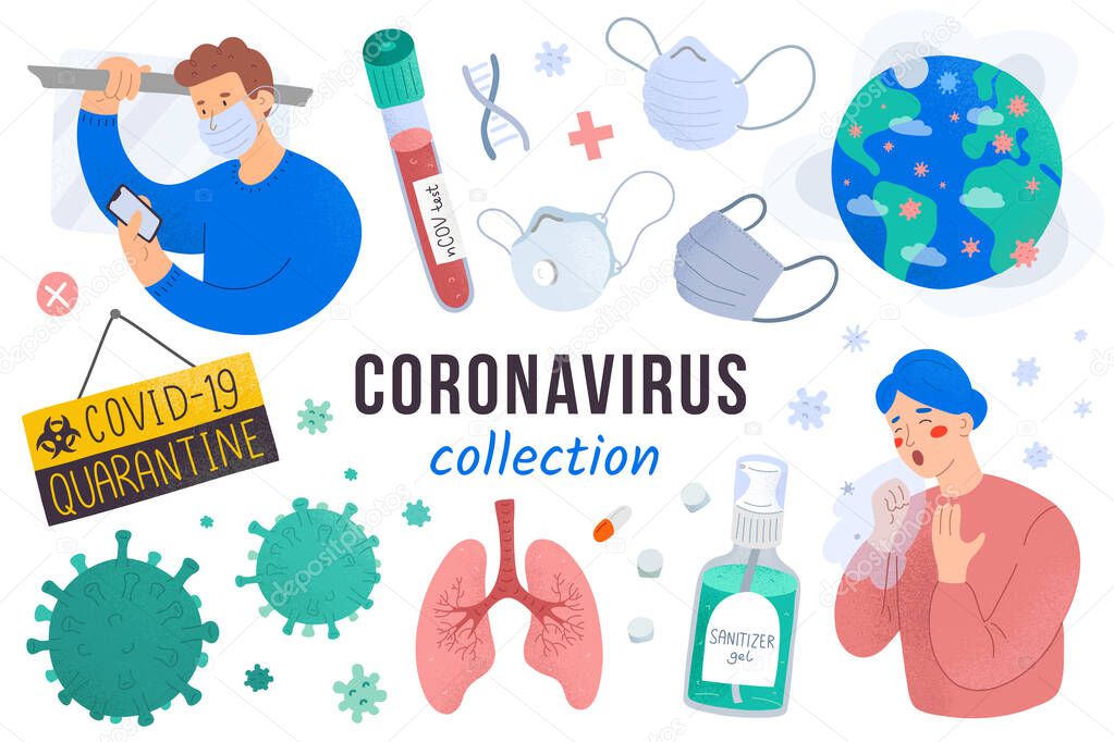 Coronavirus collection, contagious virus outbreak spread worldwide, novel covid-19 disease, people in masks, pneumonia symptoms, quarantine sign, isolated vector cartoon illustrations