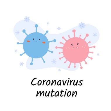 Coronavirus mutasyonları, covid-19 virüs türleri, ncov türleri, sevimli çizgi film çizimleri, vektör karakterleri, izole edilmiş yeni virüs çizimleri. 