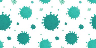 Coronavirus deseni, virüsün kusursuz arka planı, etrafta uçuşan küçük yeşil virüsler, elle çizilmiş resimler. Küresel salgın 2019-NCoV, süs virüsü. Covid-19 dokusu.