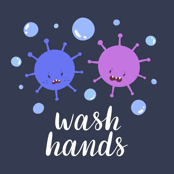 Lávese las manos cartel con coronavirus chracters miedo de jabón, prevención de la higiene, virus covid-19 rodeado de burbujas, lindo vector caricatura cartel, desinfectante contra pandemia, microbio divertido — Vector de stock