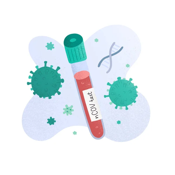 验尸官试管，玻璃试管样品。Covid-19医学检测、实验室检查、带有病毒和DNA涂鸦的分离载体说明 — 图库矢量图片