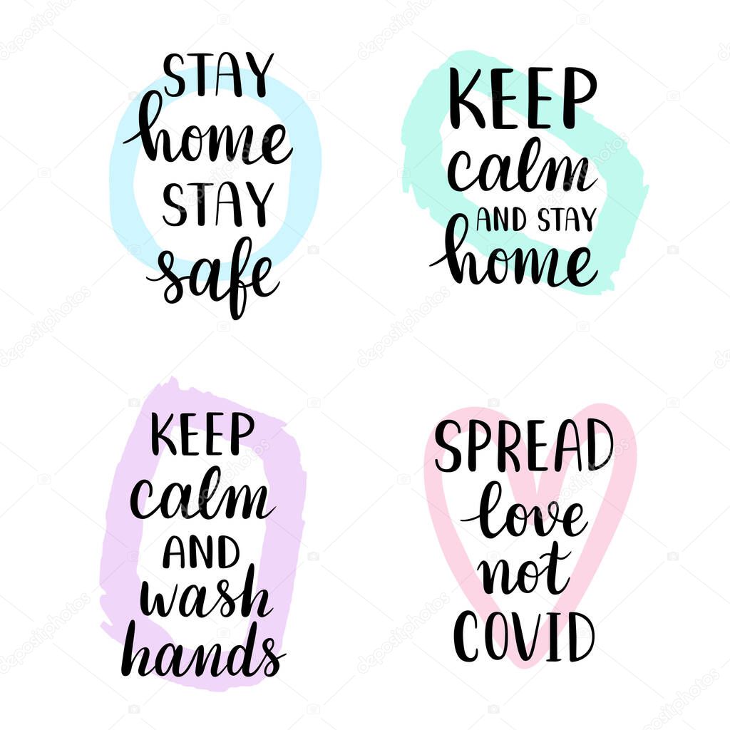 Coronavirus lettering collection, stay home and wash hands motivation, inspirational calligraphy handwritten banners for covid-19 prevention, isolated vector illustration