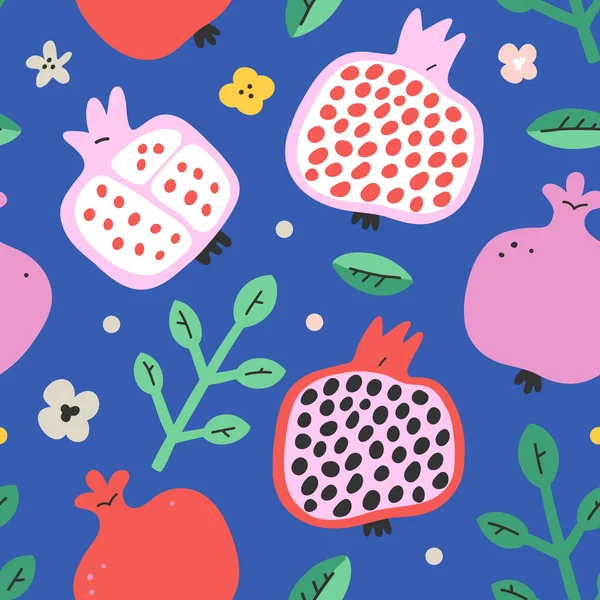 Nahtloses Muster aus Granatapfelfrüchten, Hälften mit Blättern und Samen, handgezeichnete Kritzelkunst, Vektorillustration, Ornamenthintergrund für den Sommer — Stockvektor