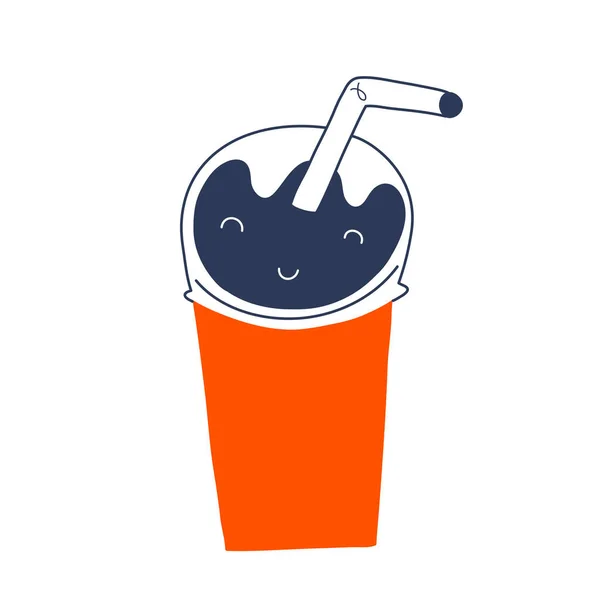 Cola pić w papierowej filiżance z pokrywką i słomką. Vector Doodle Art, jednorazowe szkło do słodkiego napoju gazowanego. fast food na wynos, lemoniada gazowana, współczesny rysunek kreskówki — Wektor stockowy