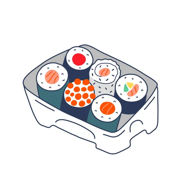 Set de sushi en caja de plástico para servicio de entrega, varios rollos de sushi, california, filadelfia y maki con salmón y caviar. Ilustración de comida japonesa, garabato plano arte aislado . — Vector de stock