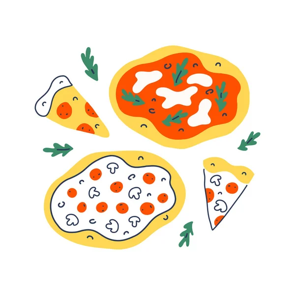 Pizzagyűjtemény, különféle pizza szeletek, pepperoni és margherita, gyorsétterem illusztráció pizzéria szállítási szolgáltatás, elszigetelt vektor kézzel rajzolt illusztráció, színes firka rajz — Stock Vector