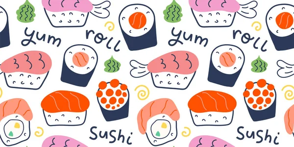 Padrão de rolos de sushi, ilustração de frutos do mar, filadélfia, maki e nigiri, yummi comida japonesa com salmão e camarão, arte doodle bonito, fundo vetor sem costura para sushi bar, café e entrega —  Vetores de Stock