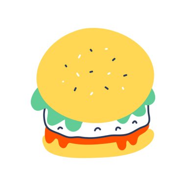 Burger doodle ikonu, marul salatası ve peynirli lezzetli sulu hamburger, izole vektör çizimi. Lezzetli fast food, basit çizim çizimi, simge ya da marka logosu kadar iyi.