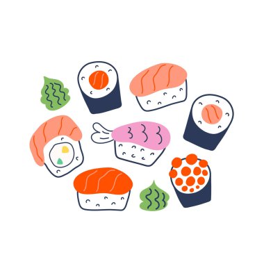 Çeşitli suşi dürümleri, karalama maki, Philadelphia ve nigiri somon, karides ve havyar, yeşil wasabi soslu farklı rulo ekmekler, lezzetli Japon yemekleri, vektör çizimi. 