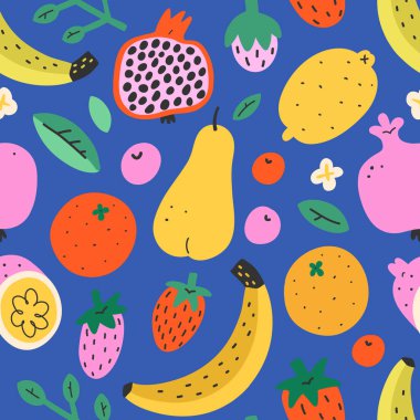 Meyve karışımı deseni, yaz tatlı yemek arkaplanı, kusursuz vektör dokusu, nar, limon ve tropik meyve, şirin karalama çizimi, parlak moda baskısı, modern moda renkli fon.