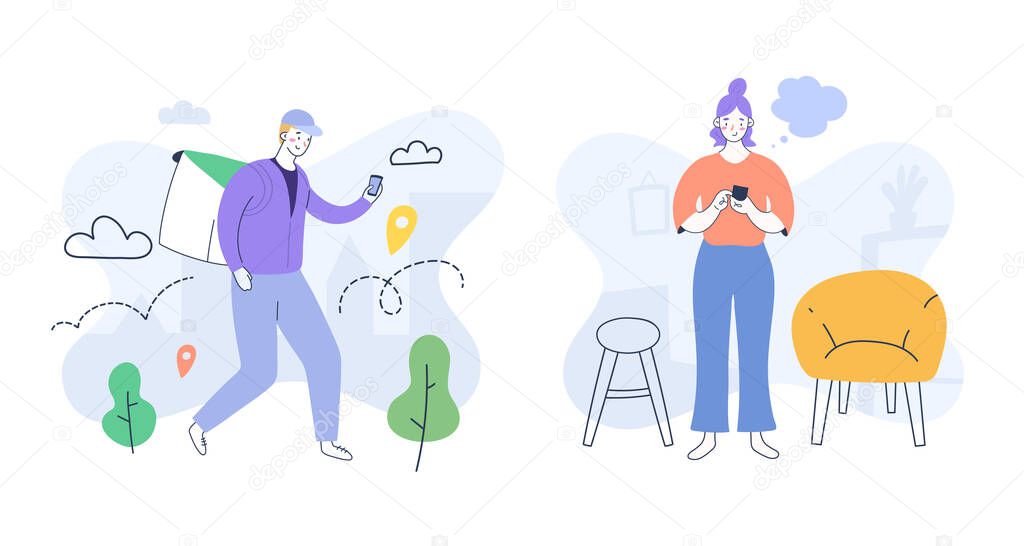 Online food delivery, courier delivering order for customer, woman making order on smartphone app at home, cute cartoon characters, vector doodle illustrations, walking courier with thermal box