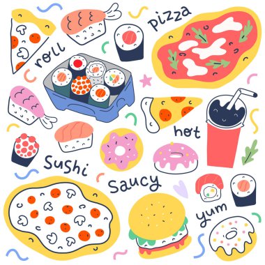 Fast food koleksiyonu, menü yemek illüstrasyonları teslimat servisi, İtalyan pepperoni pizzası, Japon suşi dürümleri ve filadelphia, moda karalama çizimi, izole edilmiş vektör..
