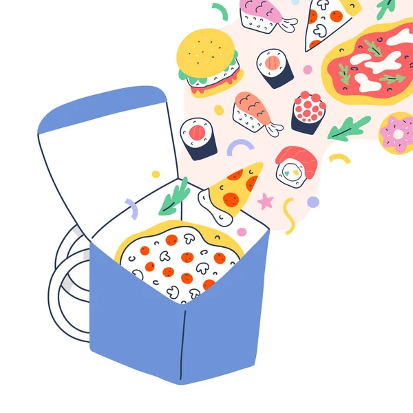 Mochila de mensajería para entrega de alimentos, caja térmica con varias comidas rápidas volando, servicio de entrega, pizza y rollos de sushi, comida italiana y japonesa, ilustración de garabatos de dibujos animados — Vector de stock