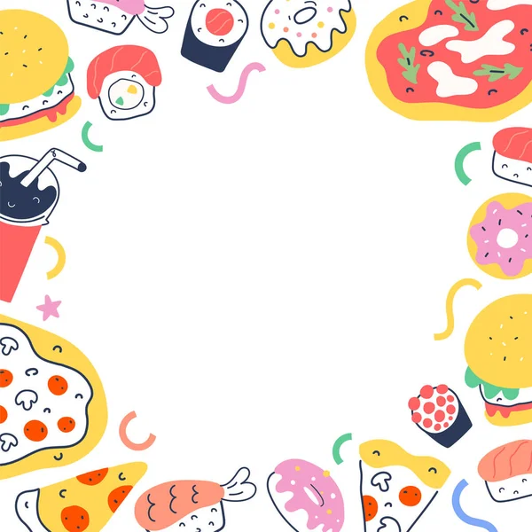 Plantilla de fondo de borde de marco de comida rápida con ilustraciones de garabatos de moda de pizza, rollos de sushi y bebida de soda, sabrosa cubierta de menú de café de entrega, marco de vector con espacio de copia, dibujos animados dibujados a mano lindo — Vector de stock