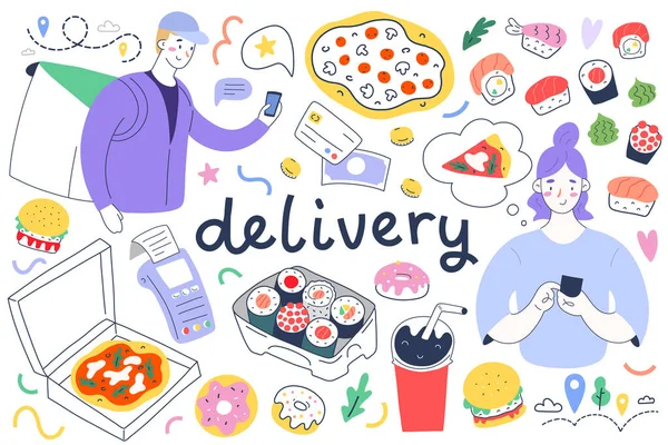 Voedsellevering collectie, service voor het leveren van afhalen voedsel, vrouw bestelling via app, geïsoleerde vector illustraties van pizza, sushi rollen en koerier met pos terminal, schattige stripfiguren — Stockvector