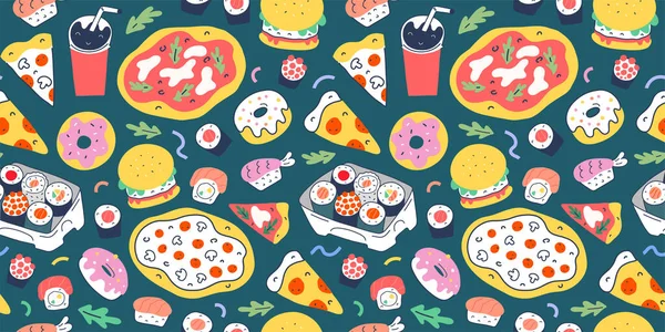 带有涂鸦食物图解的快餐图案。无缝线矢量背景，意大利披萨，寿司卷，汉堡包和甜甜圈，意大利面和意大利面片，时尚漫画，矢量纹理 — 图库矢量图片