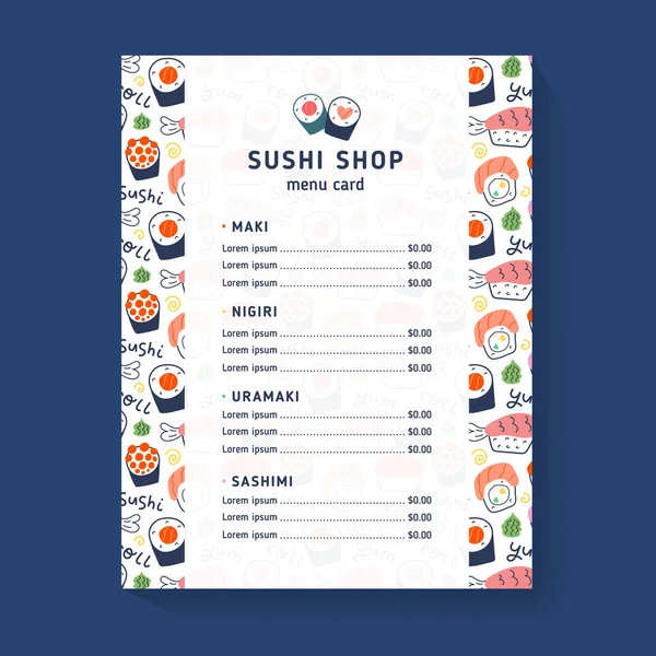 Sushi-Menü, Vektorschablone für Sushi-Laden, Café oder Restaurant, Kartenlayout, Doodle-Illustrationen von Maki-, Nigri- und Uramaki-Rollen, Broschüre oder Booklet mit traditioneller japanischer Küche — Stockvektor