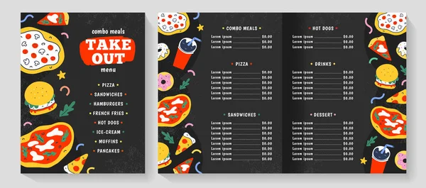 Menu de fast food, layout de folheto vetorial, modelo de menu de restaurante, comida americana e italiana, pizza, hambúrguer e refrigerante, desenhos animados doodle na moda, lista de papelão com menu combinado, panfleto preto para café — Vetor de Stock