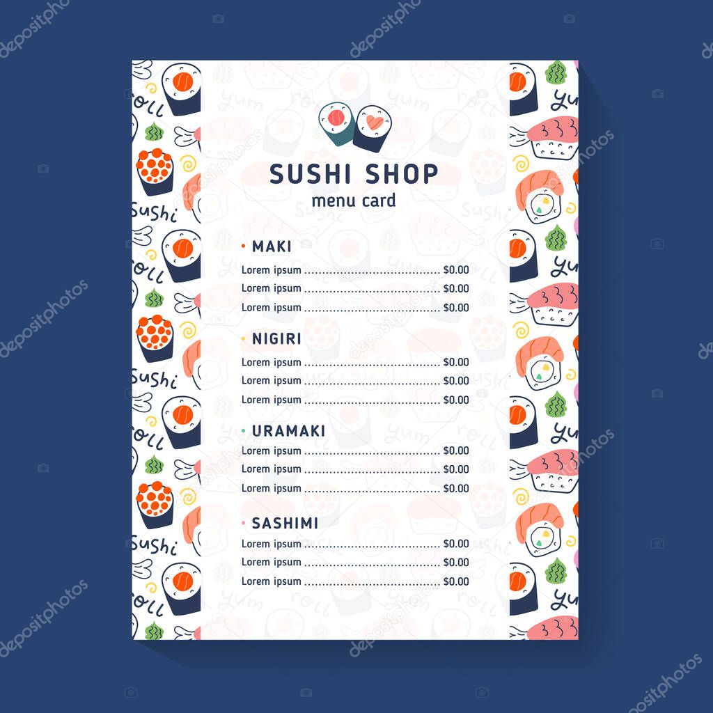 Sushi menu, vector template for sushi shop, cafe or delivery restaurant, menu card layout, doodle illustrations of maki, nigiri and uramaki rolls, brochure or booklet with traditional japanese food