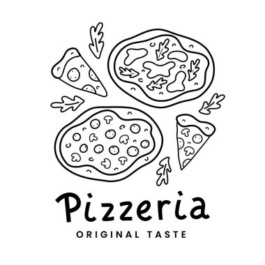Pizza karalaması, doğrusal vektör çizimi, izole edilmiş vektör mozarella, margarita ve mantarlı İtalyan pizzası. Çeşitli pizza dilimleri, lezzetli İtalyan yemekleri..