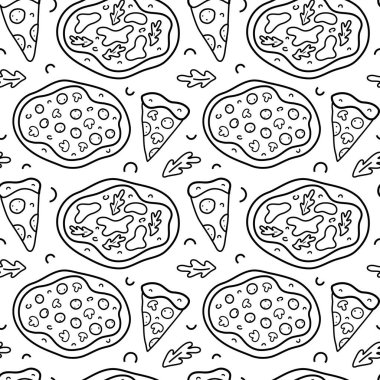 Pizza deseni, doğrusal el çizimi ambalaj kağıdı için güzel İtalyan pizzası mozzarella ve sosis, pepperoni ve margarita, siyah beyaz arka plan, çizgi film çizimi.