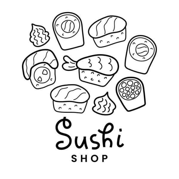 Vários doodles de sushi, conjunto de ícones de rolos de sushi desenhados à mão linear, comida japonesa, filadélfia, maki e nigiri com salmão, ilustração moderna de desenhos animados, vetor isolado, letras manuscritas —  Vetores de Stock