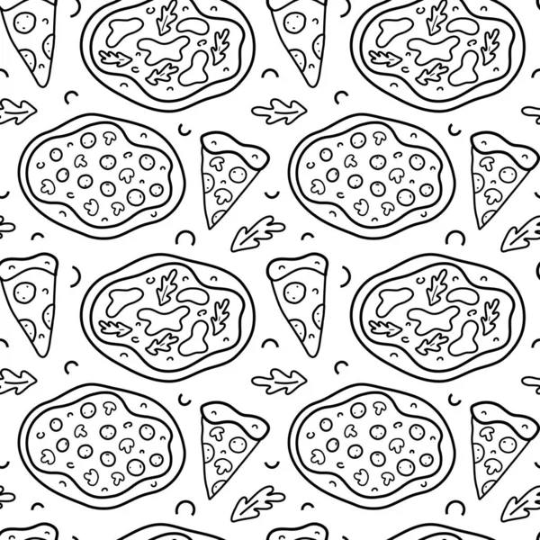 Schema doodle pizza, arte lineare disegnata a mano per avvolgere la carta, gustosa pizza italiana con mozzarella e salsiccia, salame piccante e margarita, fondo bianco e nero, disegno a cartoni animati — Vettoriale Stock