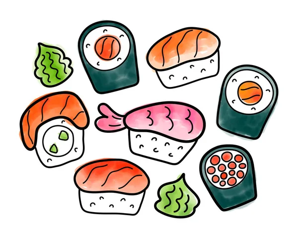 Conjunto de rolos de sushi aquarela, arte de linha de doodle. Vários frutos do mar de sushi japoneses, maki e filadélfia com salmão cru e camarão. Saborosa comida asiática, mão desenhada vetor ilustração —  Vetores de Stock