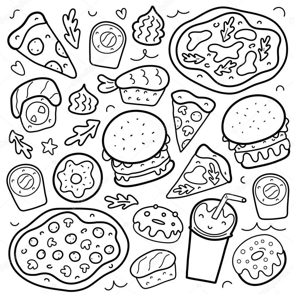 Fastfood doodle set, collection of fast food, isolated vector illustration, pizza, burgers and sushi rolls, philadelphia and maki with salmon, icons for delivery cafe, takeout food restaurant