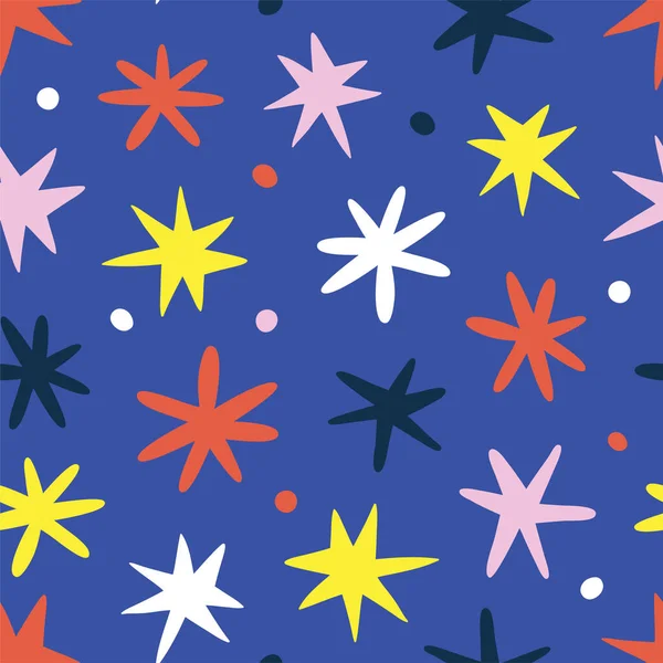 Doodle estrelas fundo, desenho bonito rabisco para crianças e bebês, arte ingênua escandinava, padrão vetor sem costura, bom como papel de embrulho ou impressão para o Natal. Fundo babyish desenhado à mão — Vetor de Stock