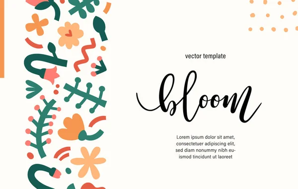 Hedendaagse bloemen sjabloon presentatie cover of kaart, abstracte krabbels vormen en stippen, vet doodle bloem ornament, trendy achtergrond met kopieerruimte, ontwerp voor uitnodiging, certificaat — Stockvector